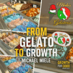 Podcast artwork showing a collage of colourful gelato from Miele’s Gelateria with the title From Gelato to Growth and the Growth for Good Podcast branding.