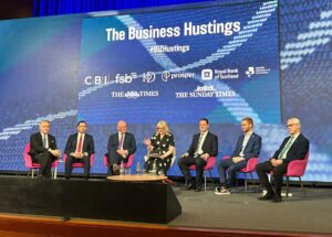 Scotland Business Hustings 2026 — political leaders on stage discussing the Scottish economy before the Holyrood election