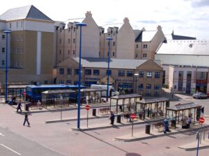 Inverness city centre with railway station and Farraline Park bus station, Highland Scotland
