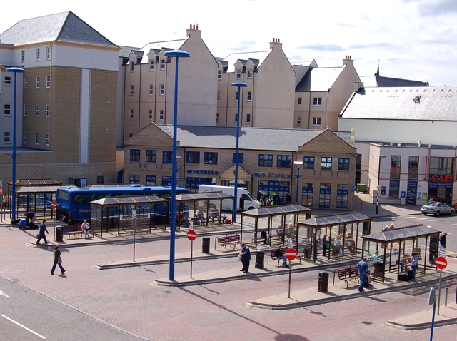 Inverness city centre with railway station and Farraline Park bus station, Highland Scotland