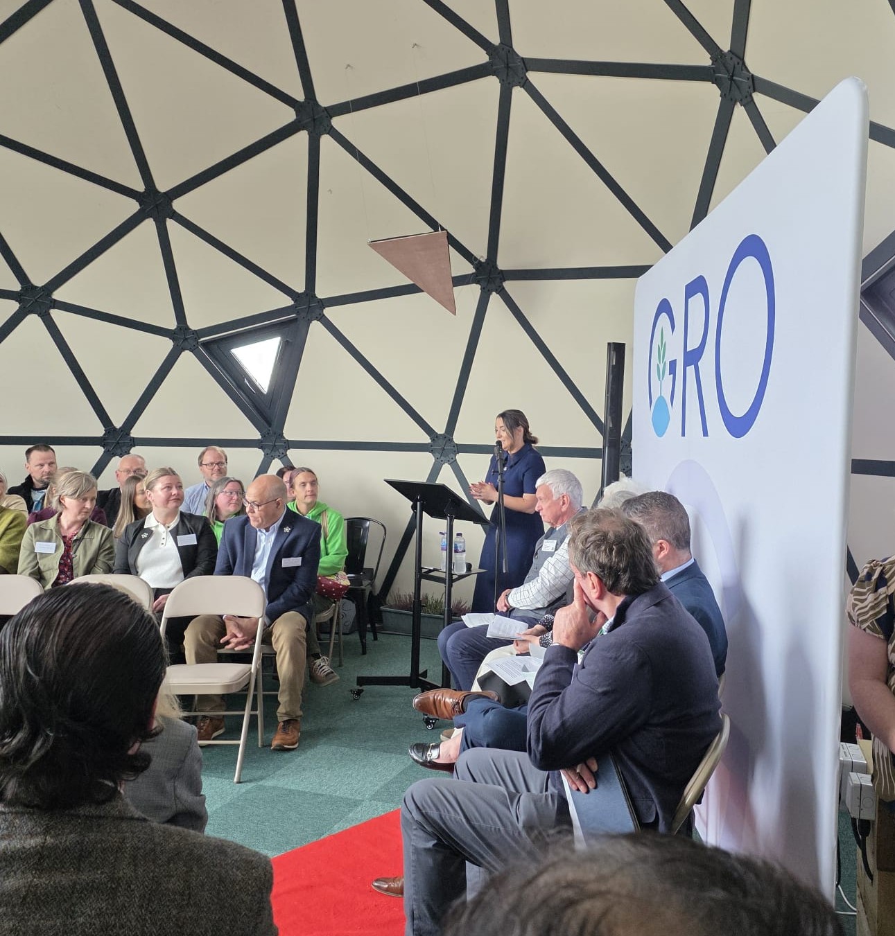 Sarah MacKenzie speaking at the Gro For You campus opening in the Events Dome, Tain